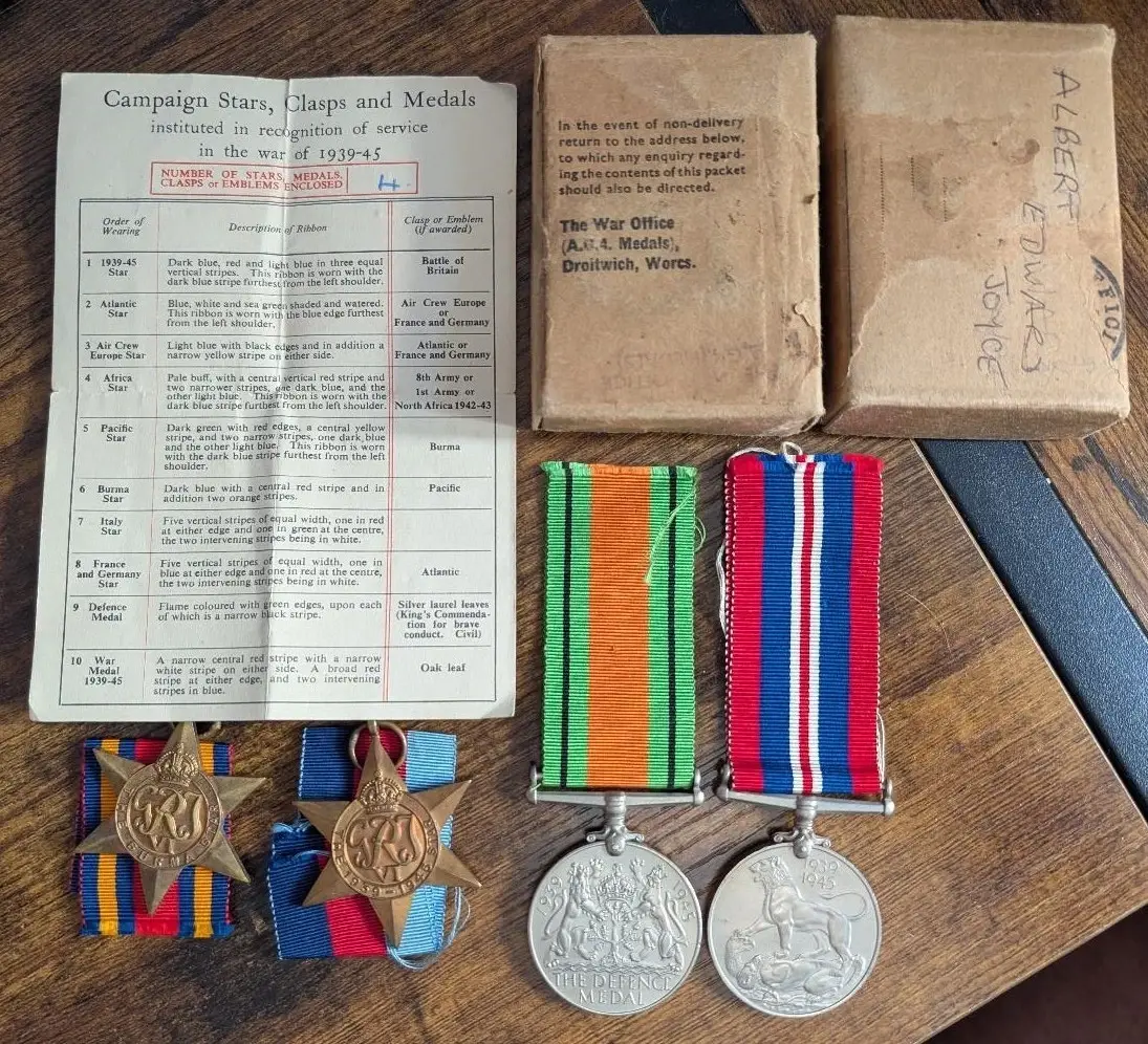WW2 4x Medal Set 1939-45 & Burma Stars + Defence & War Medals to Mr A E Joyce