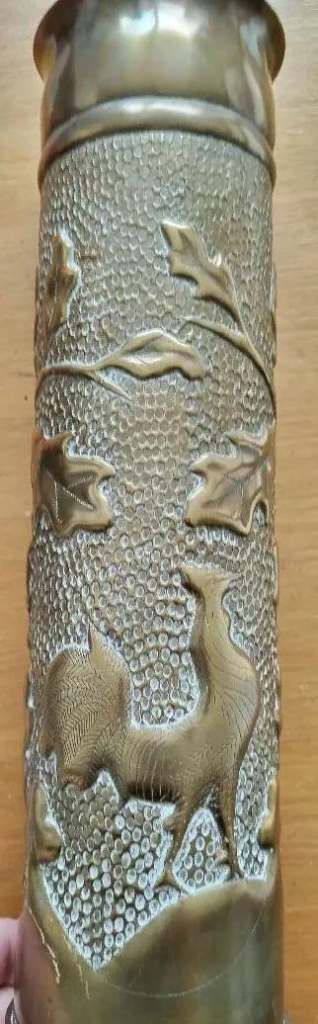 WW1 Trench Art French Artillery Shell Case - Trees and Cockrel Design - 14 inch 