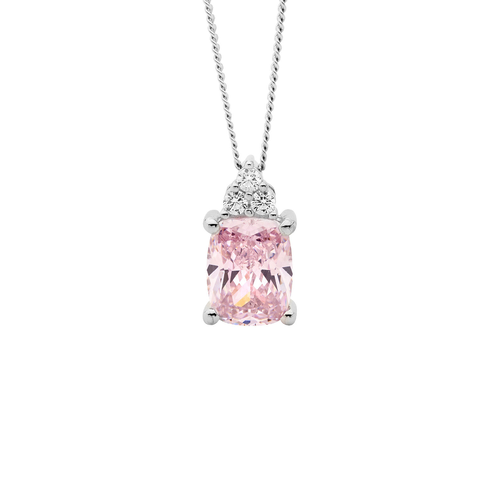 SS Light Pink Cushion Cut CZ Claw Set with 3 x White Round CZ Pendant with Chain