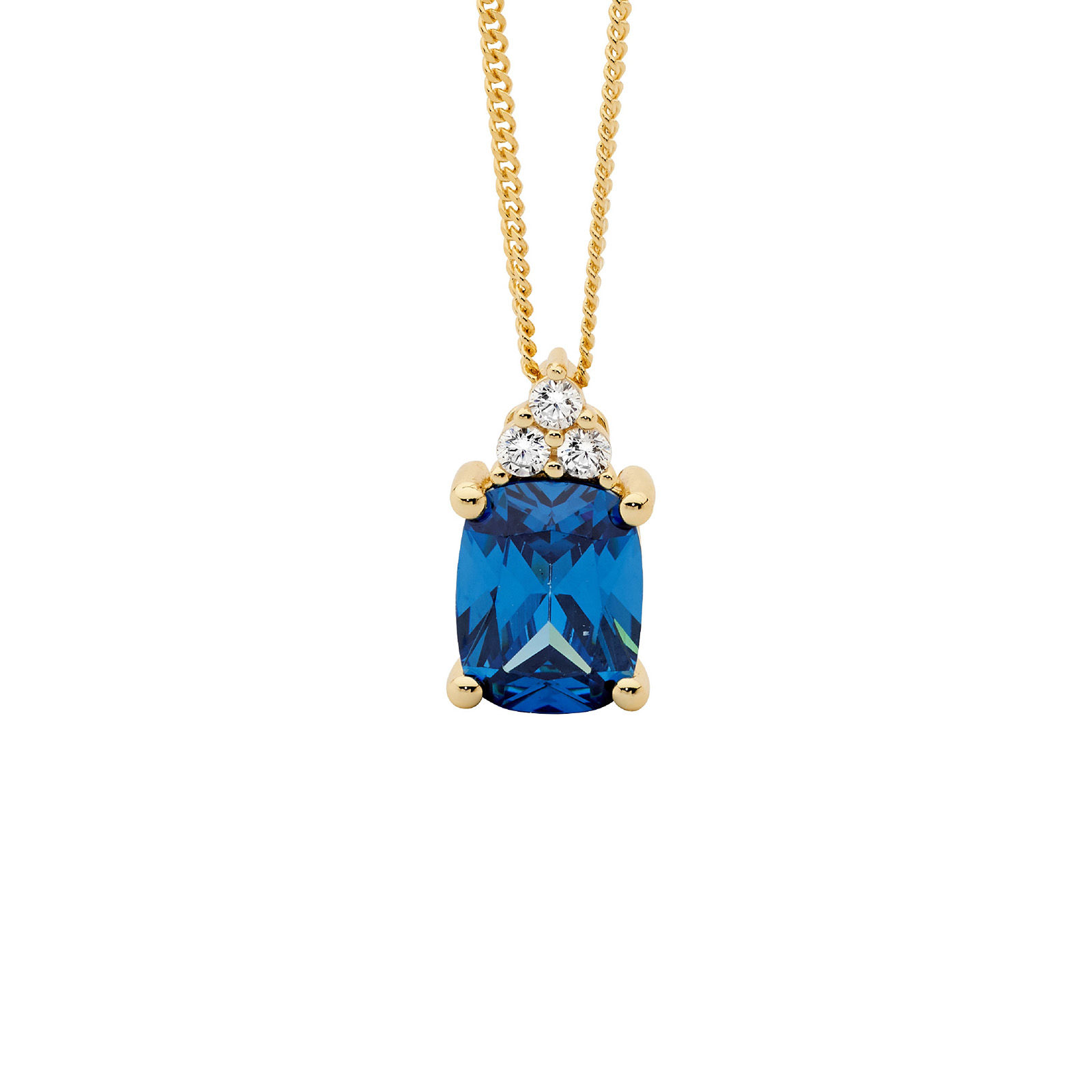 SS & Yellow Gold Plated Sapphire Blue Cushion Cut CZ Claw Set with 3 x White Round CZ Pendant with Chain