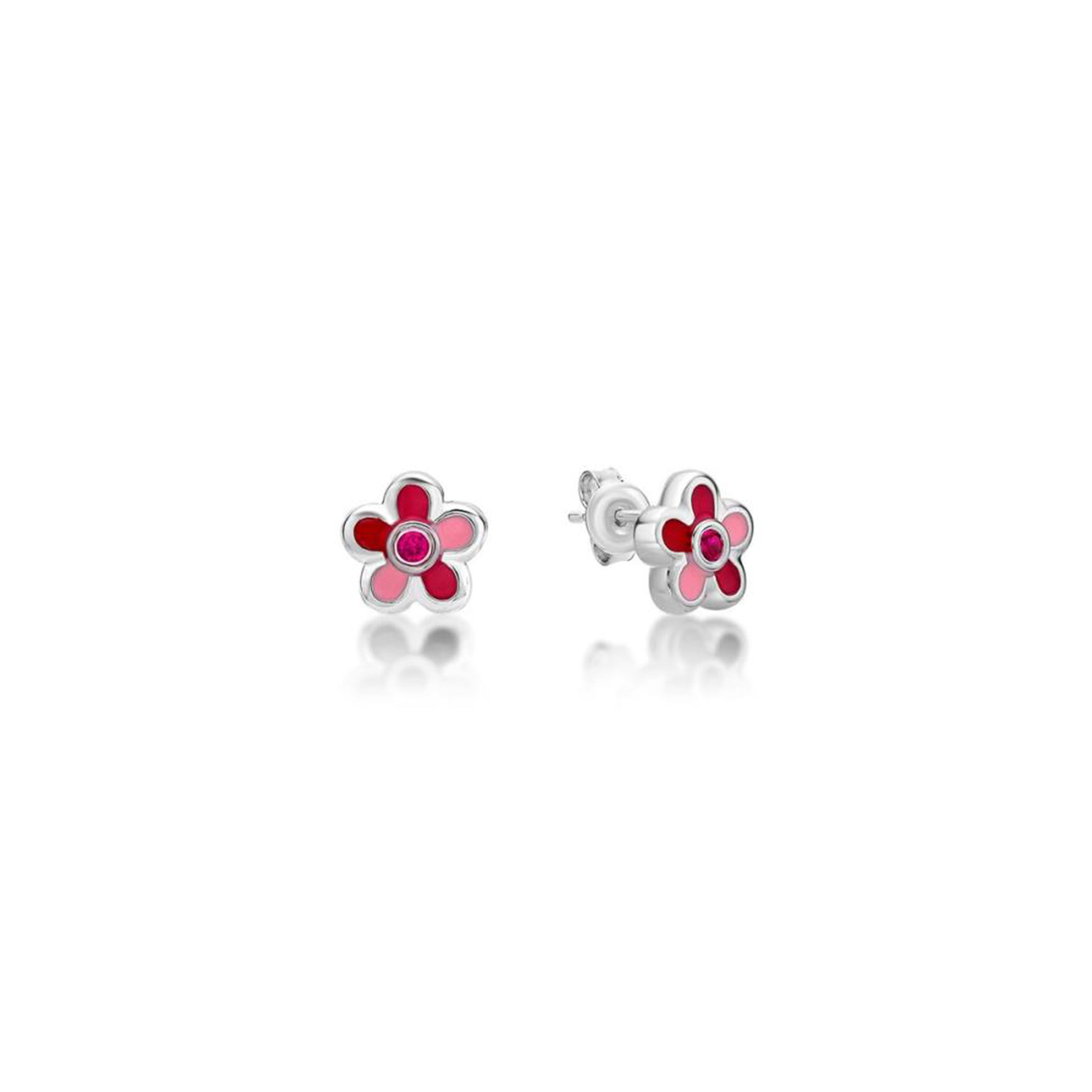 Sterling Silver  2 Tone Red  Flower Stud Earrings