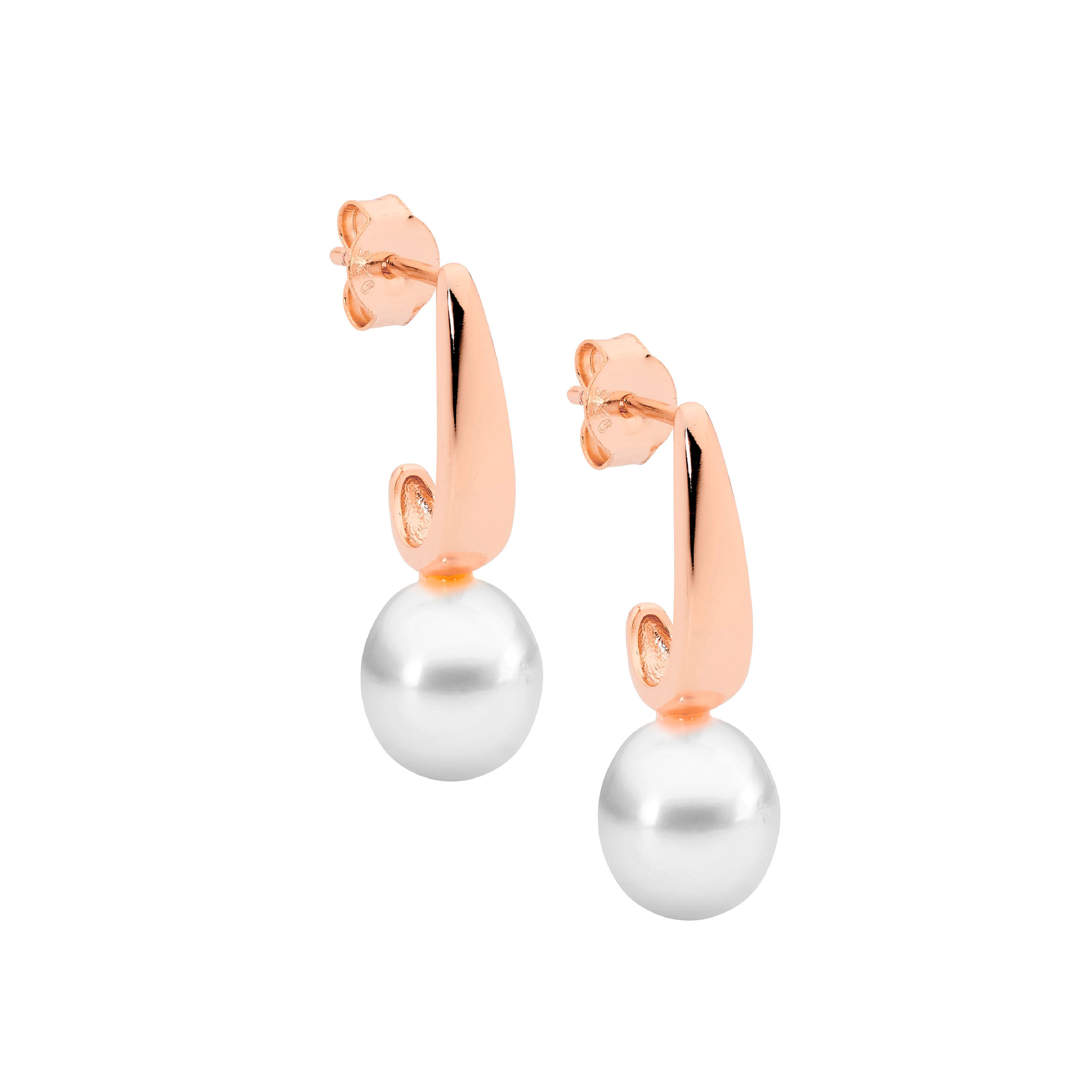 Ellani Sterling Silver Fresh Water Pearl Rose Gold Plate Drop Earrings
