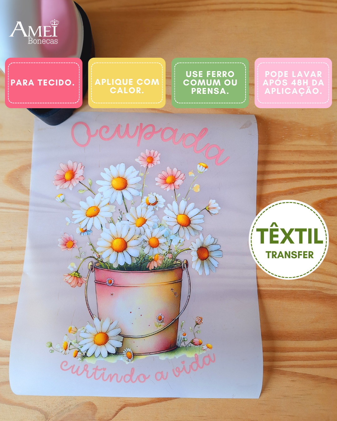 Transfer Bolde com Flores Rosa