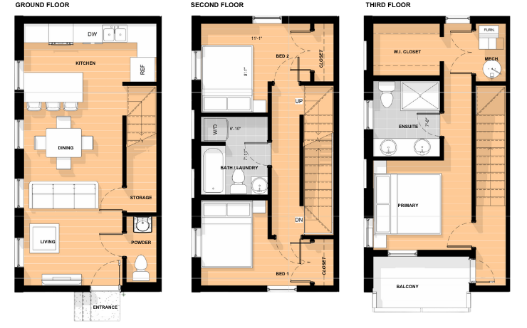 Floorplans of a three storey unit from 15 Cedar. Two bedrooms and two bathrooms.