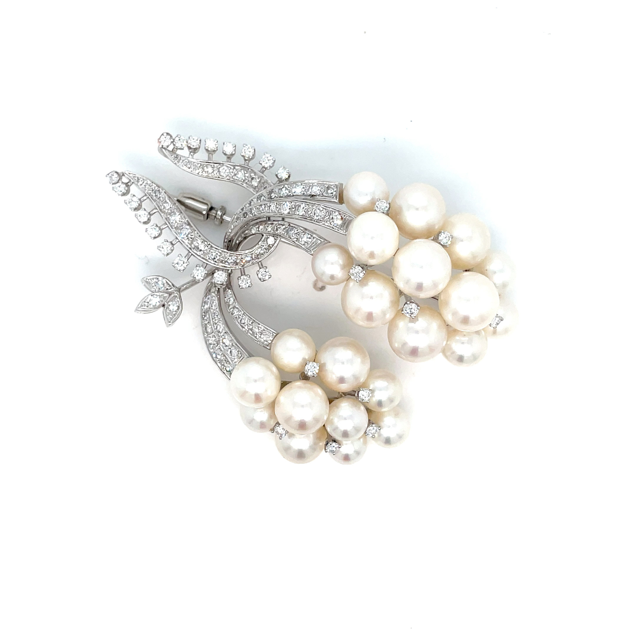 14K White Gold Pearl & Diamond Spray Brooch – 1.75 CTTW