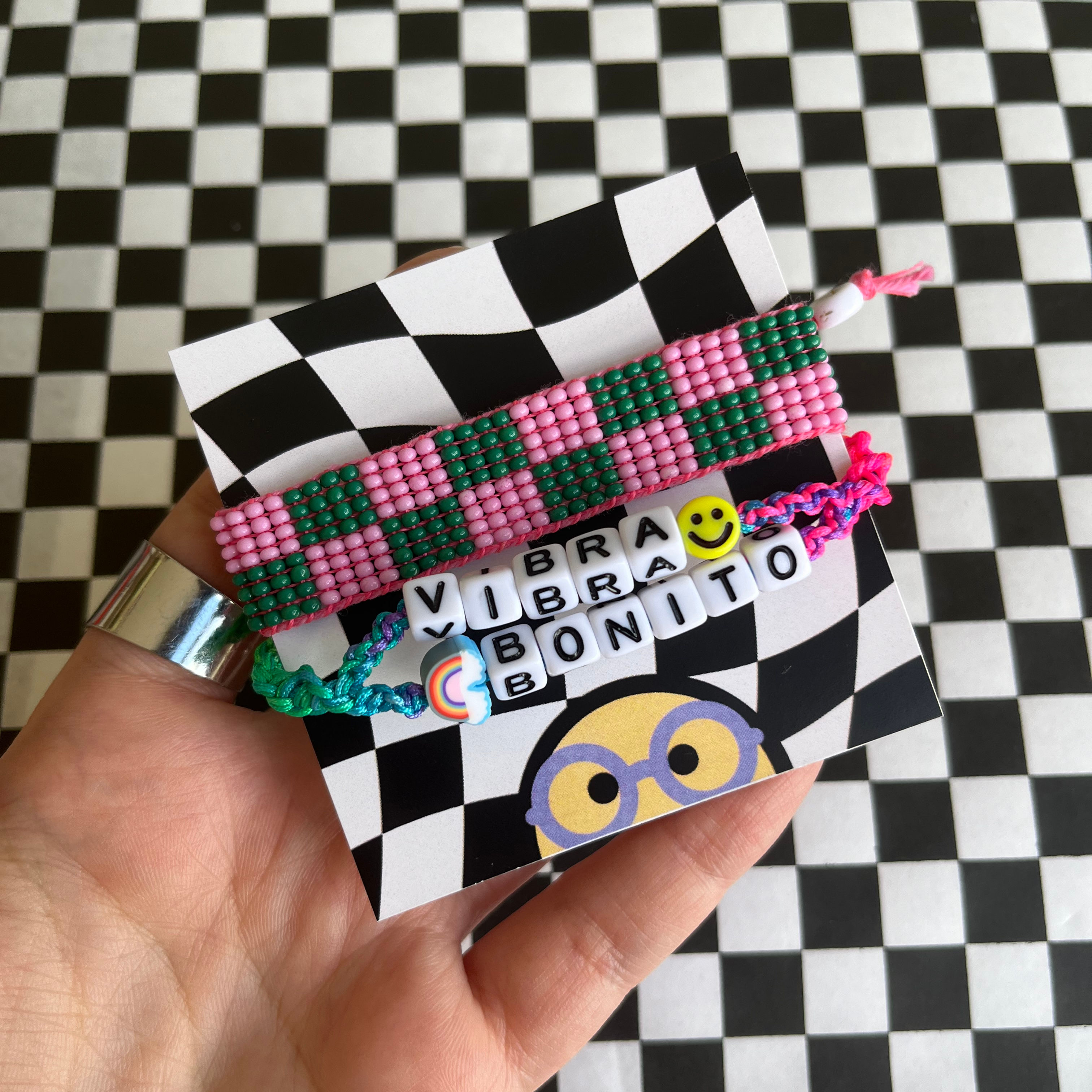 Pulsera Patrón de Cuadros Verde/Rosa