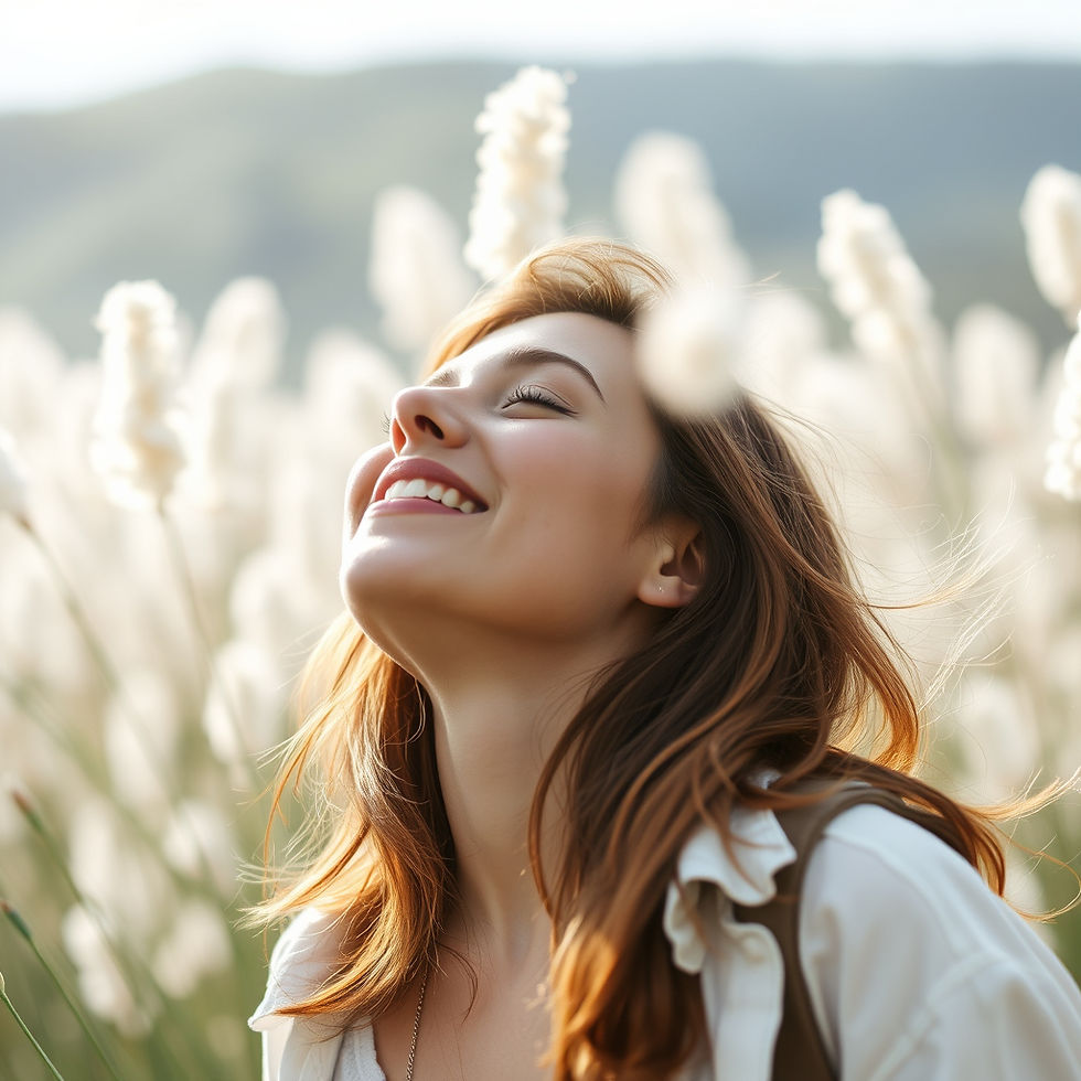 A young woman basks in the serenity of nature, inhaling the fresh air and finding a deep connection with herself amidst a field of white blossoms.