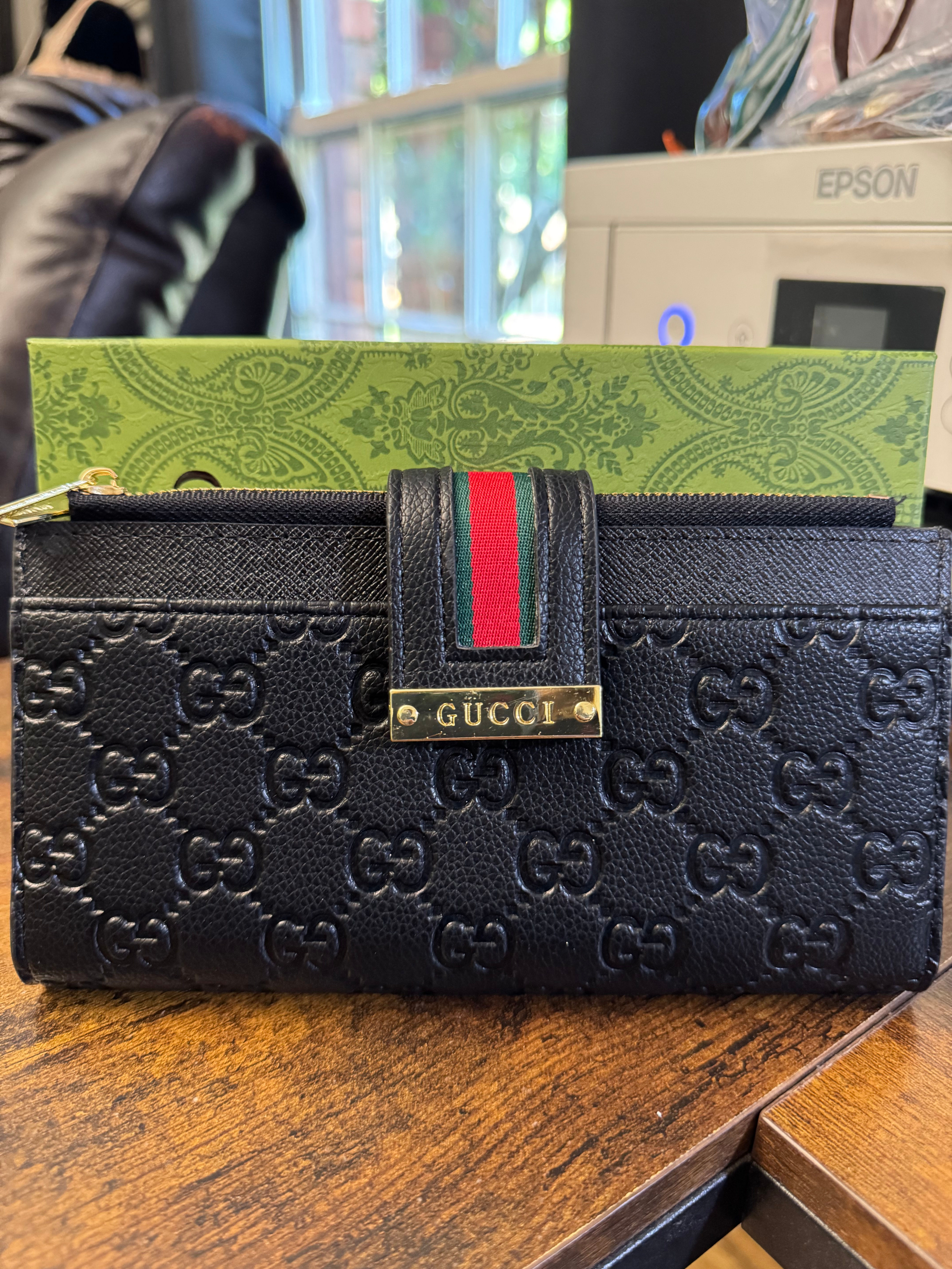 Long 2-zip wallet, black embossed w/ cherryline