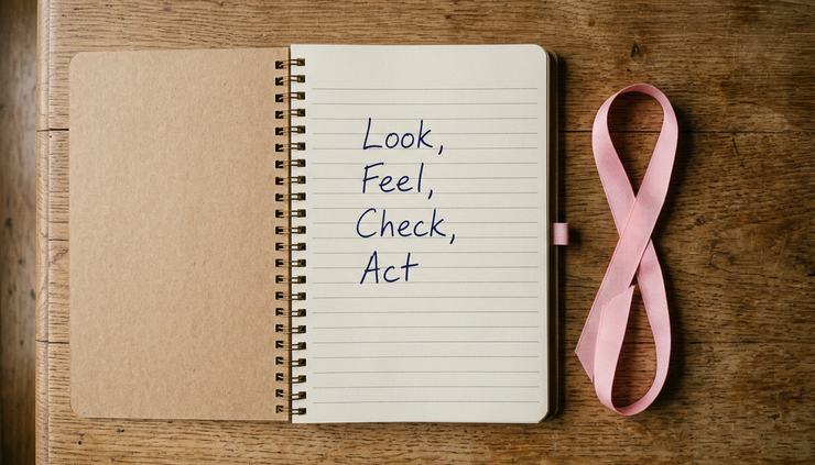 Overhead view of a notebook with four handwritten words about breast health.