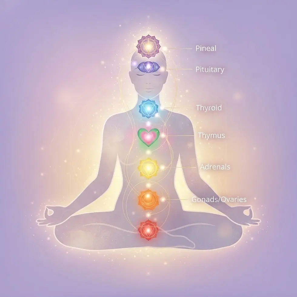 Digital illustration of a meditating figure displaying the human chakras and endocrine system. Promotes a sense of spiritual wellness.