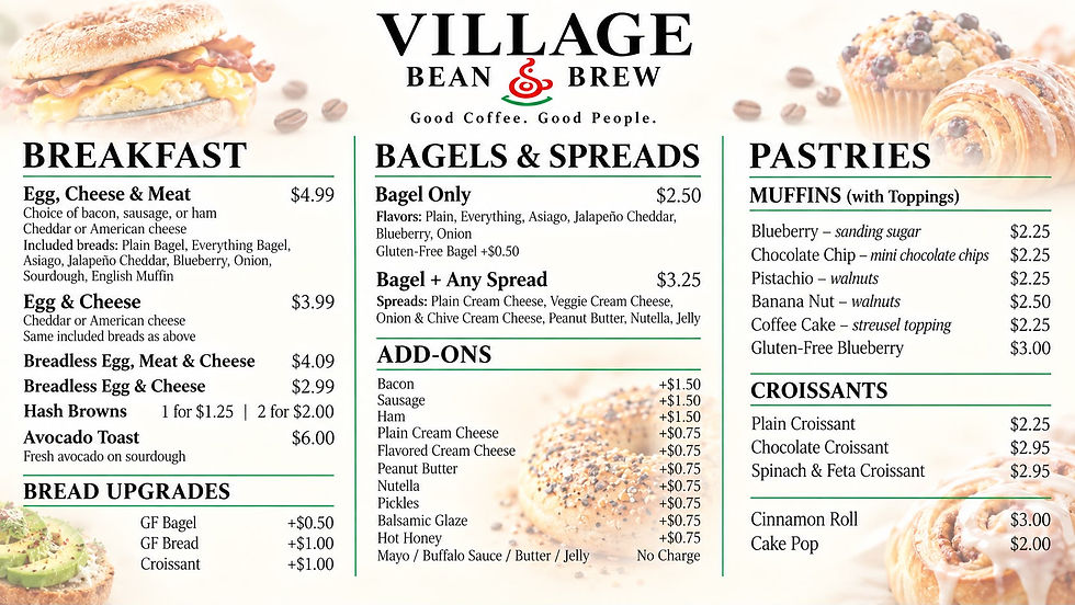 Village Bean & Brew Food Menu showing breakfast items, bagels, and pastries