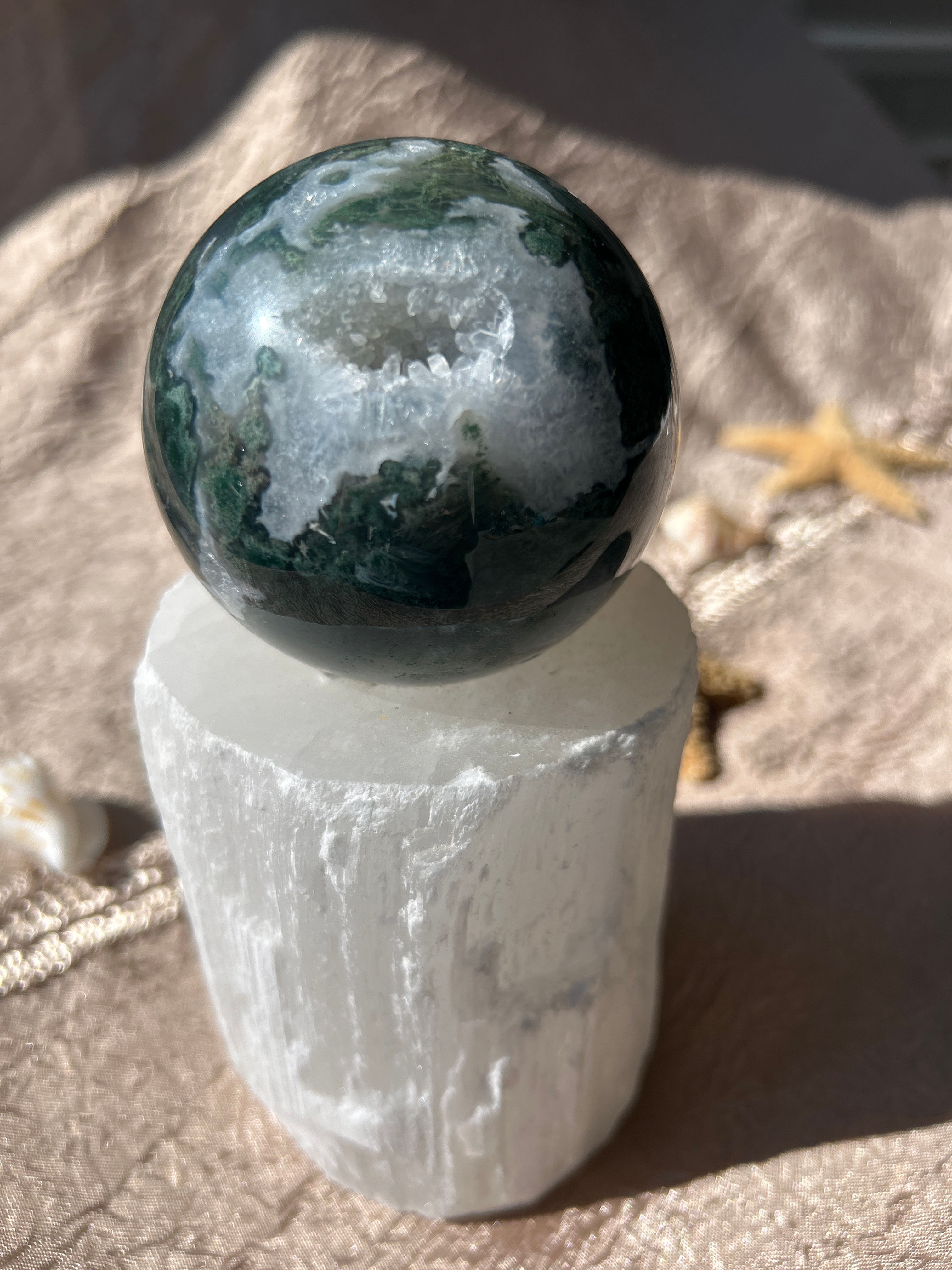 Moss Agate with Druzy Crystal Sphere