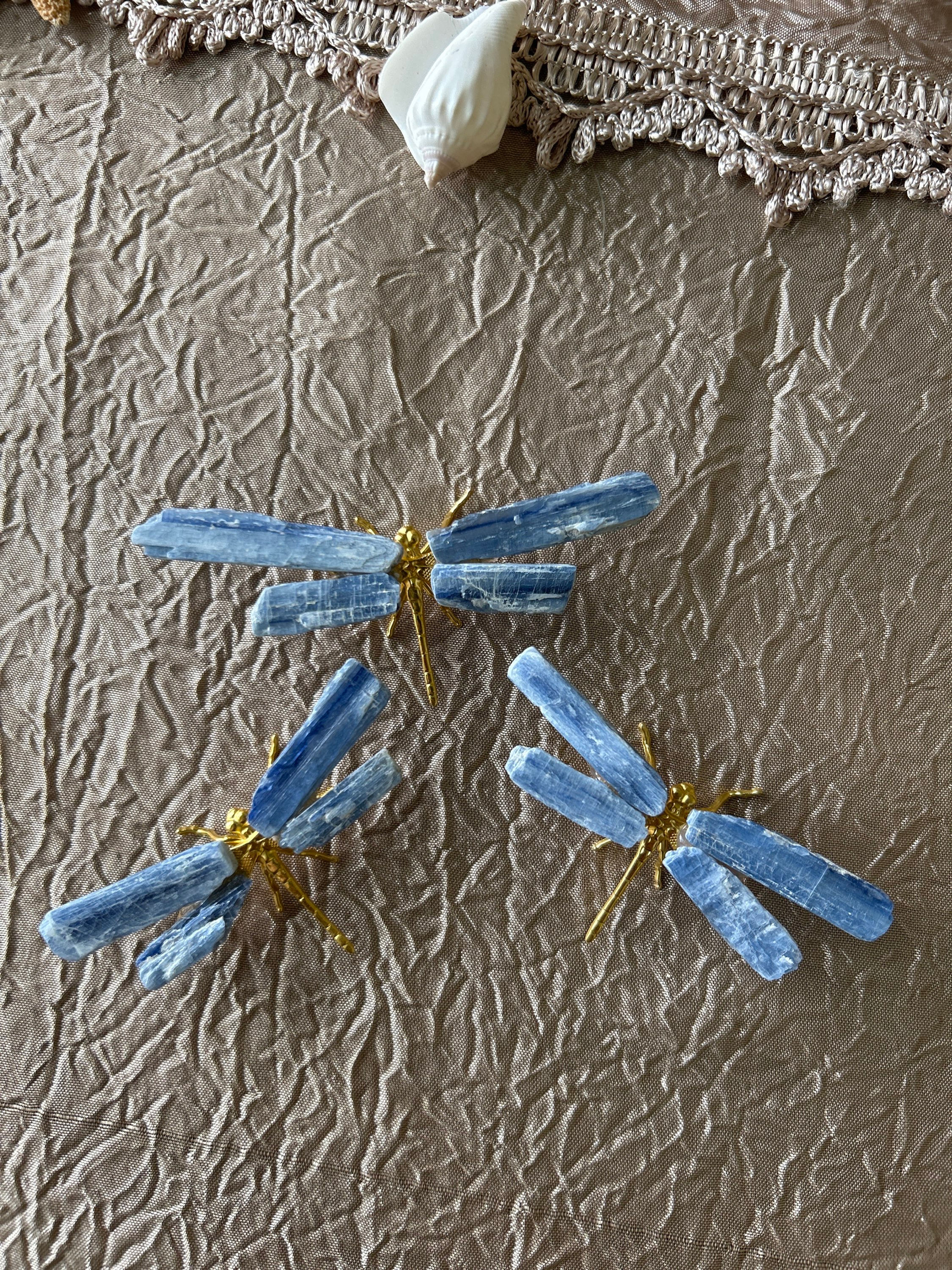 Raw Blue Kyanite Crystal Dragonfly with Gold Metal Body