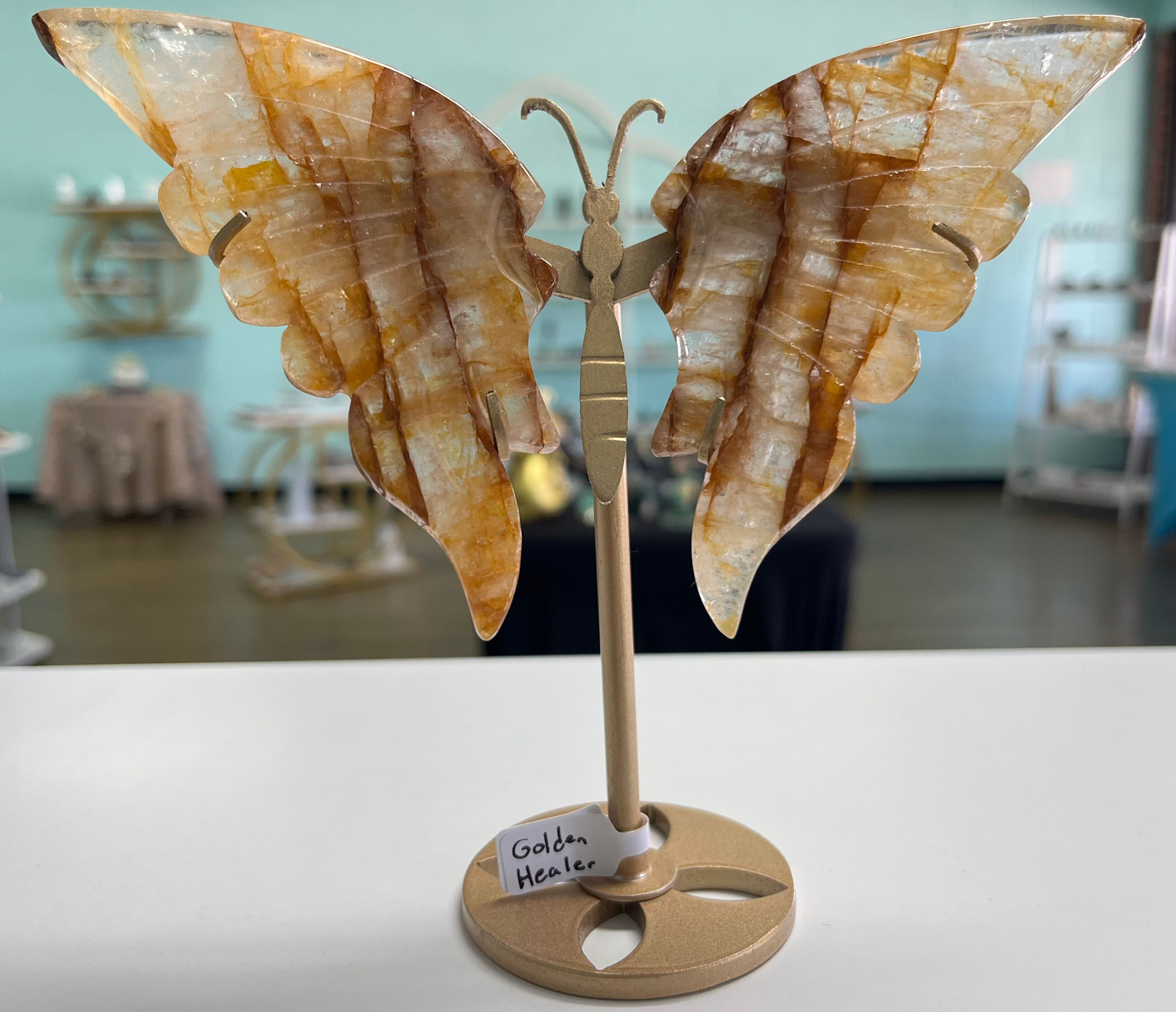 Golden Healer Crystal Butterfly Wings with Goldtone Stand