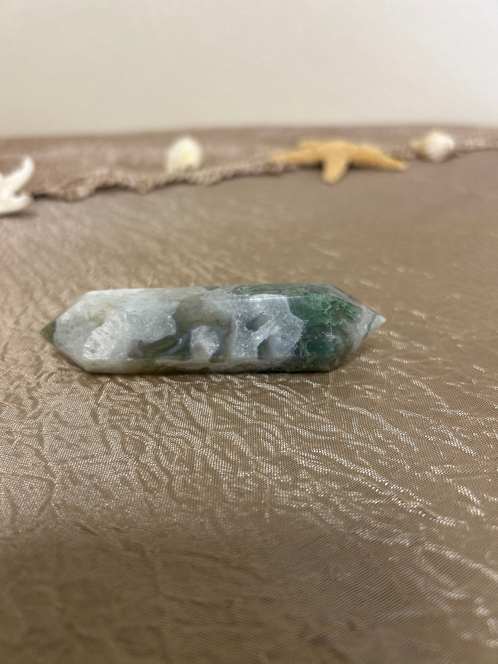 Double Terminated Moss Agate with Druzy Crystal Tower