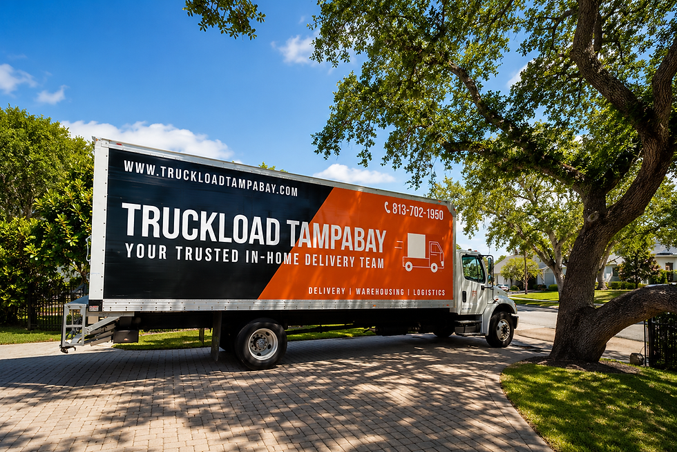 Truckload TampaBay white glove delivery truck parked in residential neighborhood