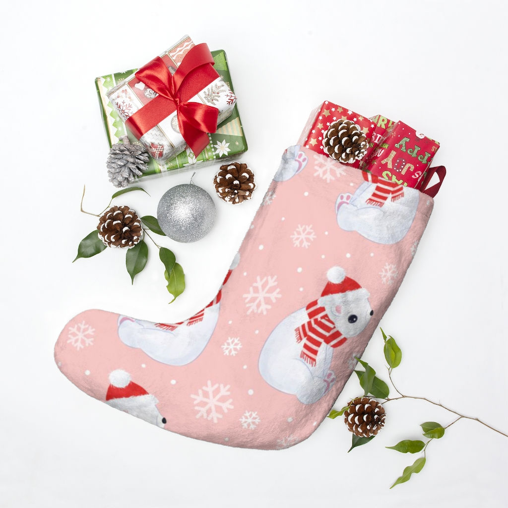 Polar Bear Christmas Stocking-Pink-Animal Lover-Personalized-Customized
