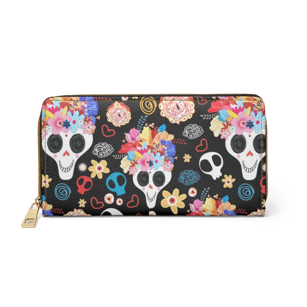 Day of The Dead Sugar Skull Faux Leather Zipper Wallet-Gothic-Women Wallet-Goth