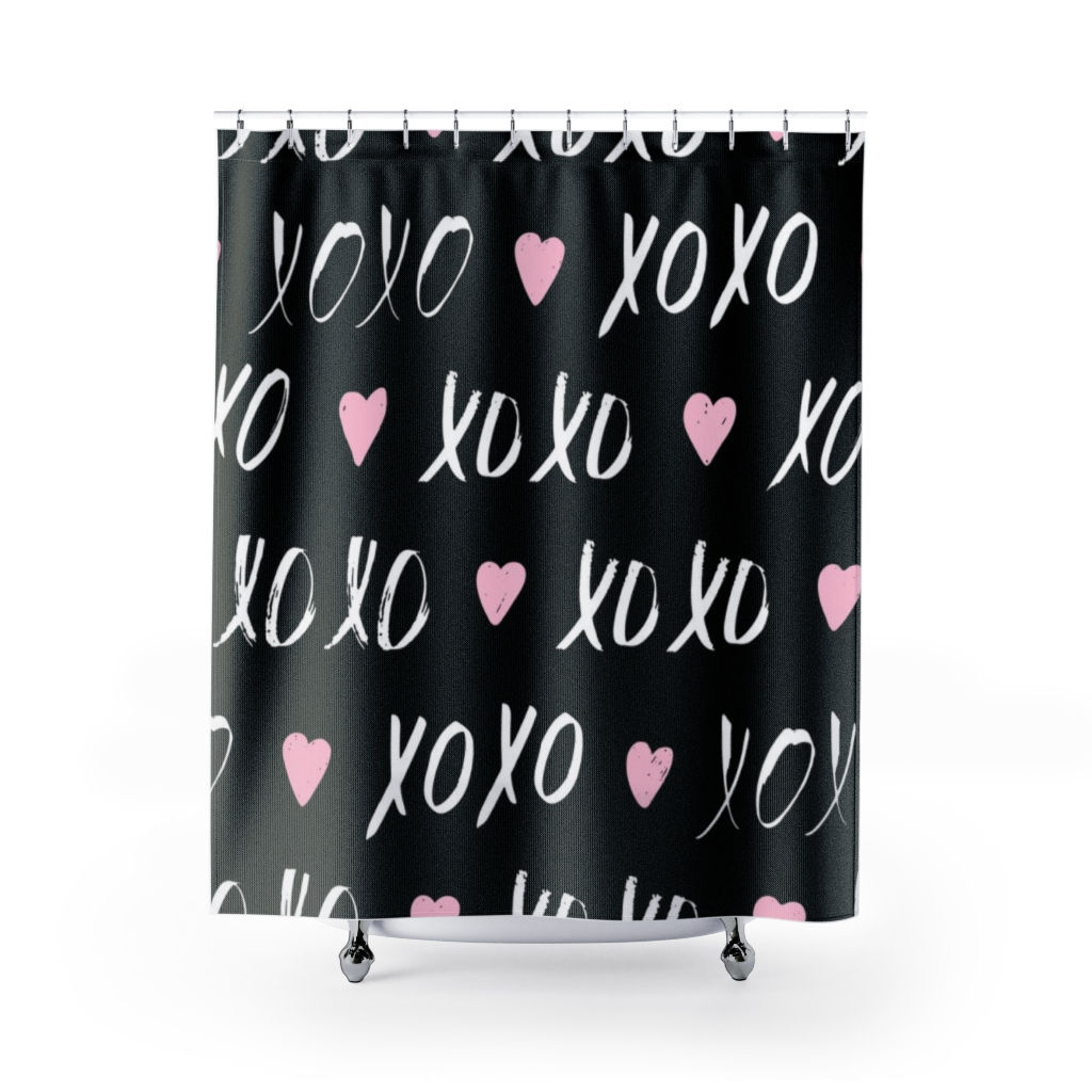 71" x 74" Black & White Hugs & Kisses Shower Curtain-Bathroom Decor-Pink Hearts