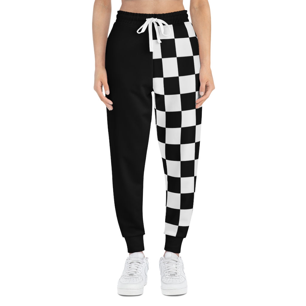 Black White Checkered Athletic Jogger-Fitness-Streetwear Sweatpants With Pockets