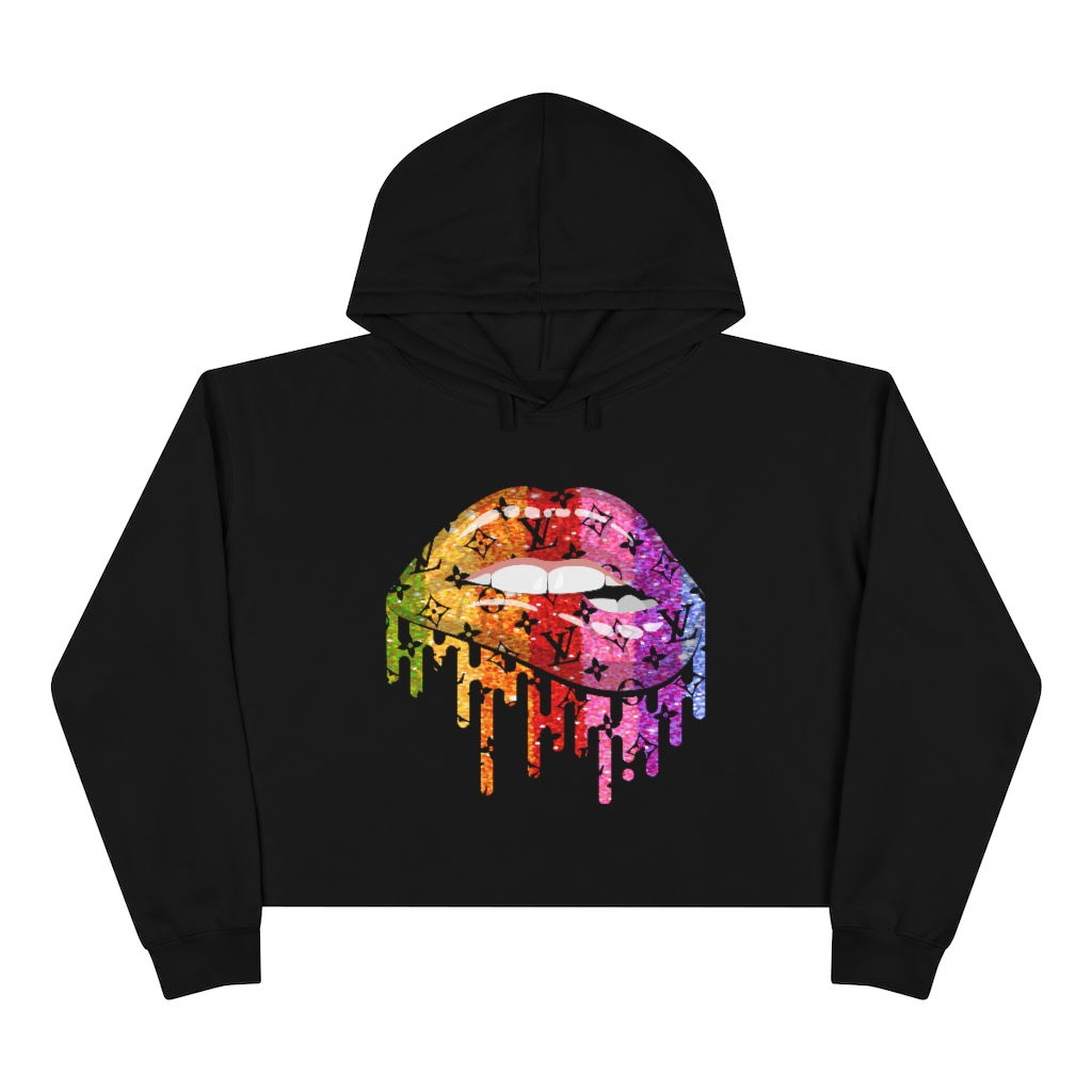 Colorful Glitter Drip Lips Women's Drawstring Crop Top Hoodie Sweatshirt