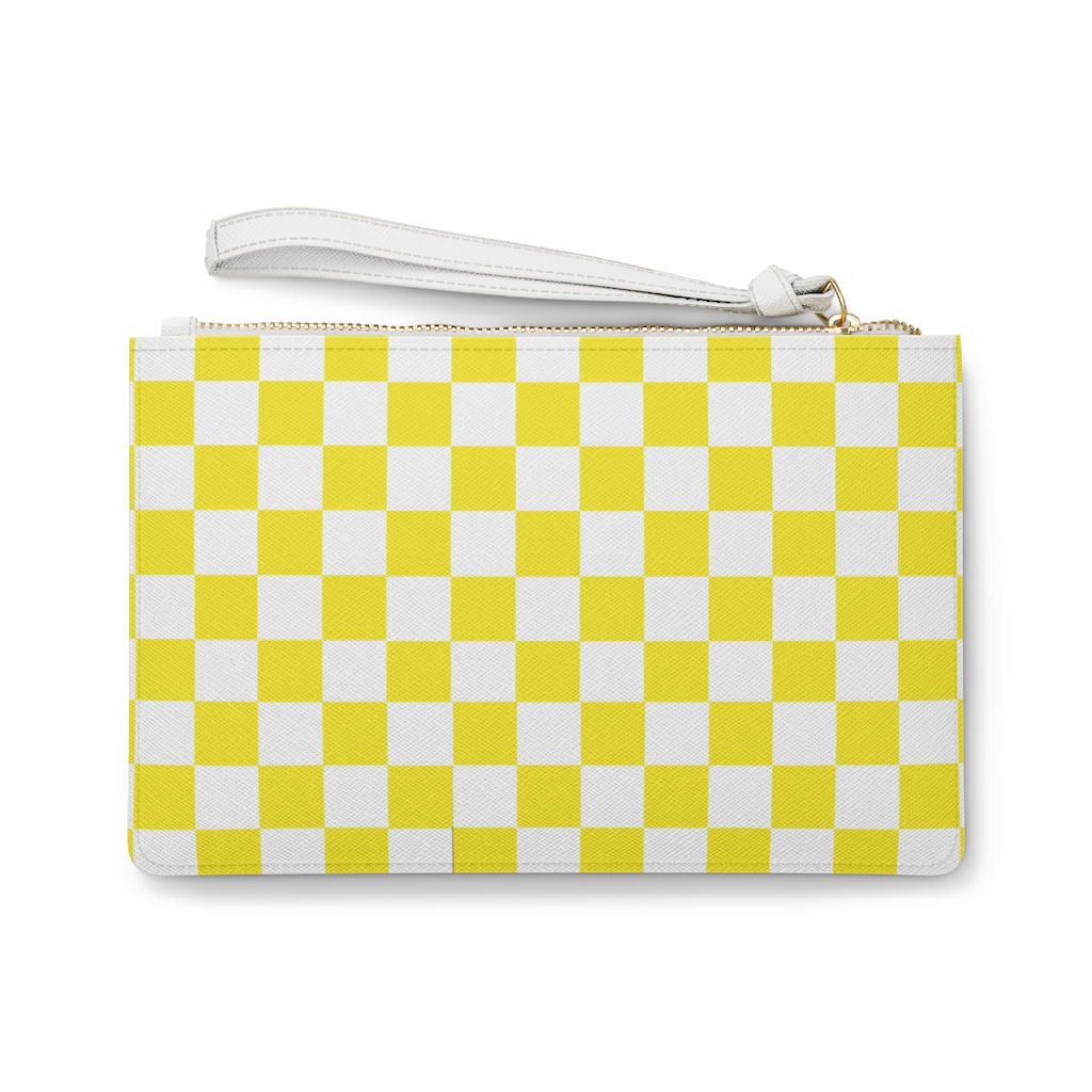 Yellow White Checkered Vegan Leather Clutch Makeup Bag-Women Bag-Accessory Pouch