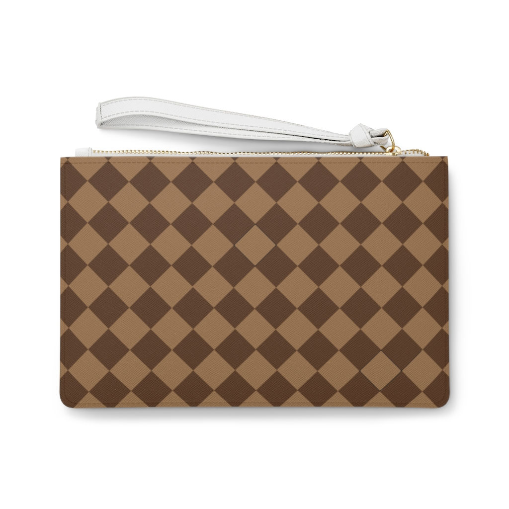 Brown Checkered Diamond Shape Vegan Leather Clutch Cosmetic Bag-Women Bag