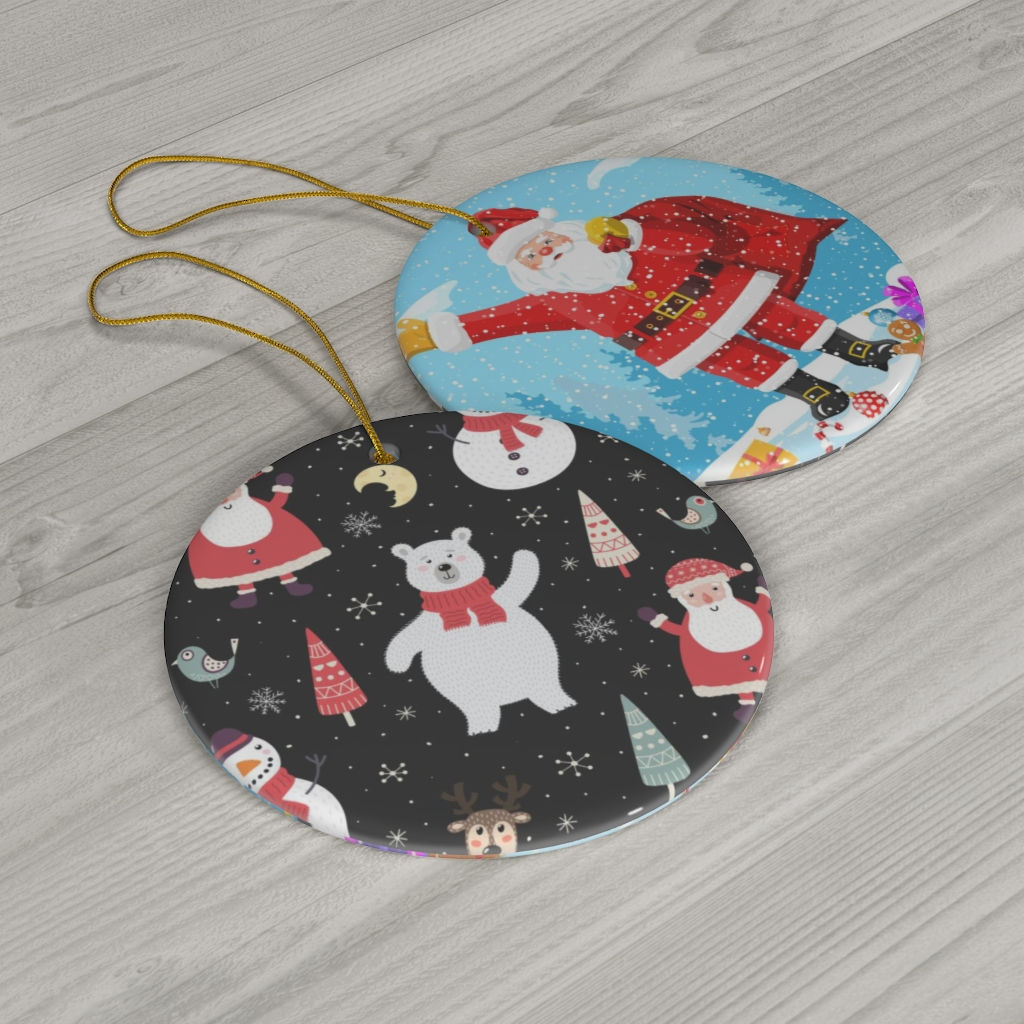 Santa Claus Two Sided Print Ceramic Ornament-Christmas Tree-Christmas Lights