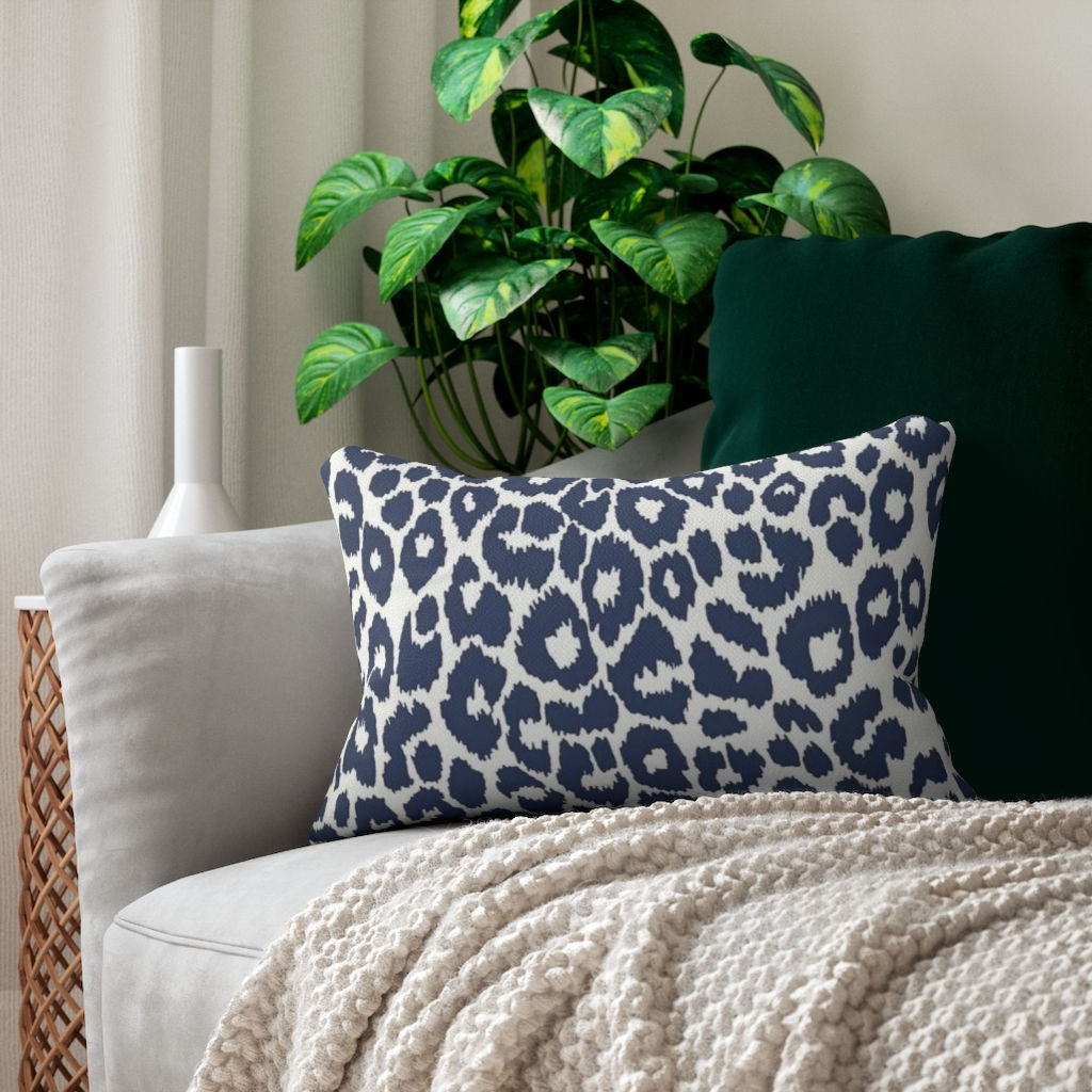 Dark Blue,Beige Leopard Print Lumbar-Living Room-Bedroom-Patio Pillow