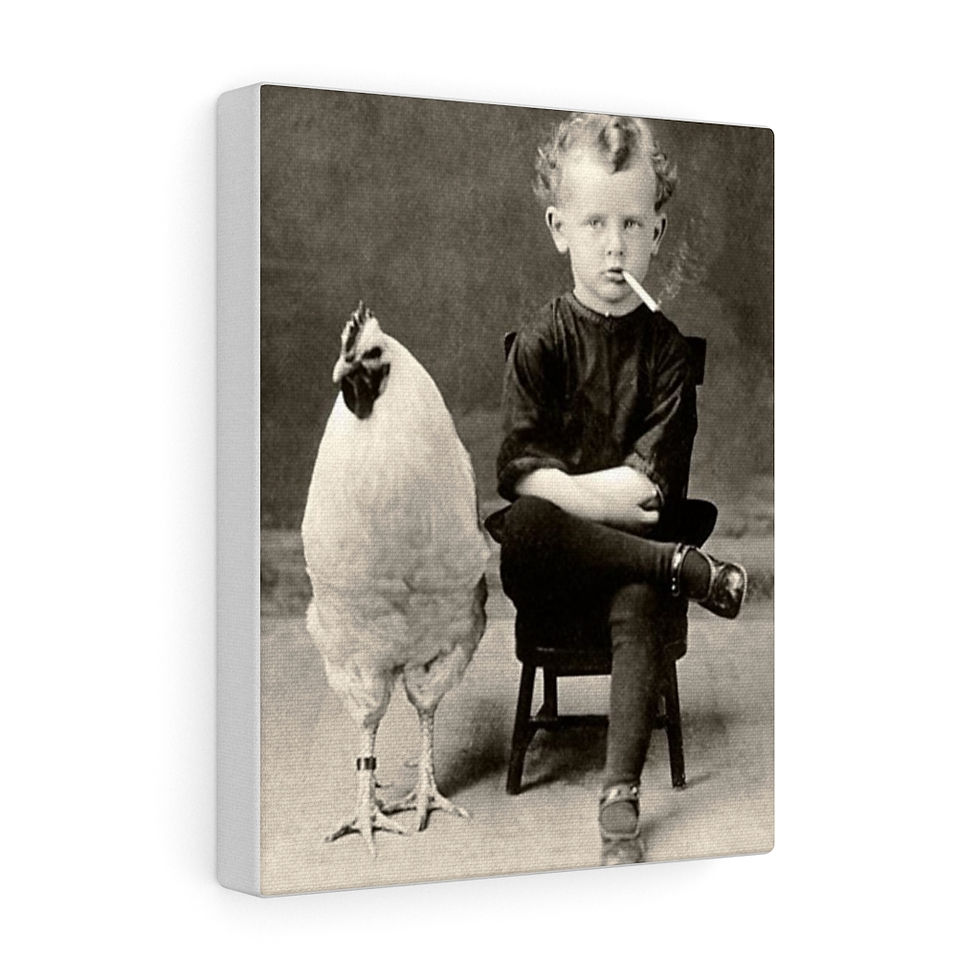 Thumbnail: Boy Smoking Cigarette with Giant Chicken Vintage-Canvas Art-Gallery Wrap Art