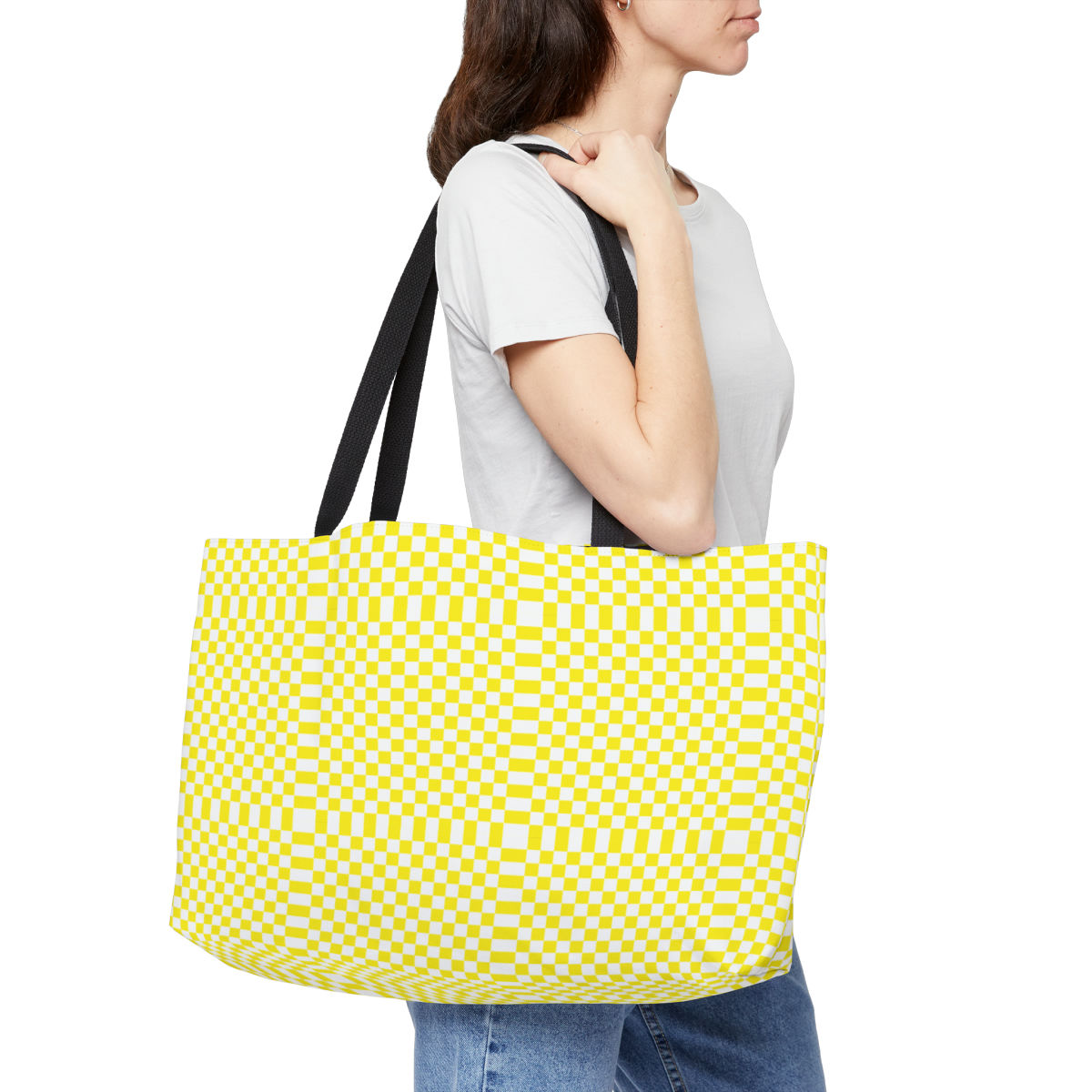 Yellow & White Checkered Weekender Tote Bag-Birthday Bag-Travel Bag