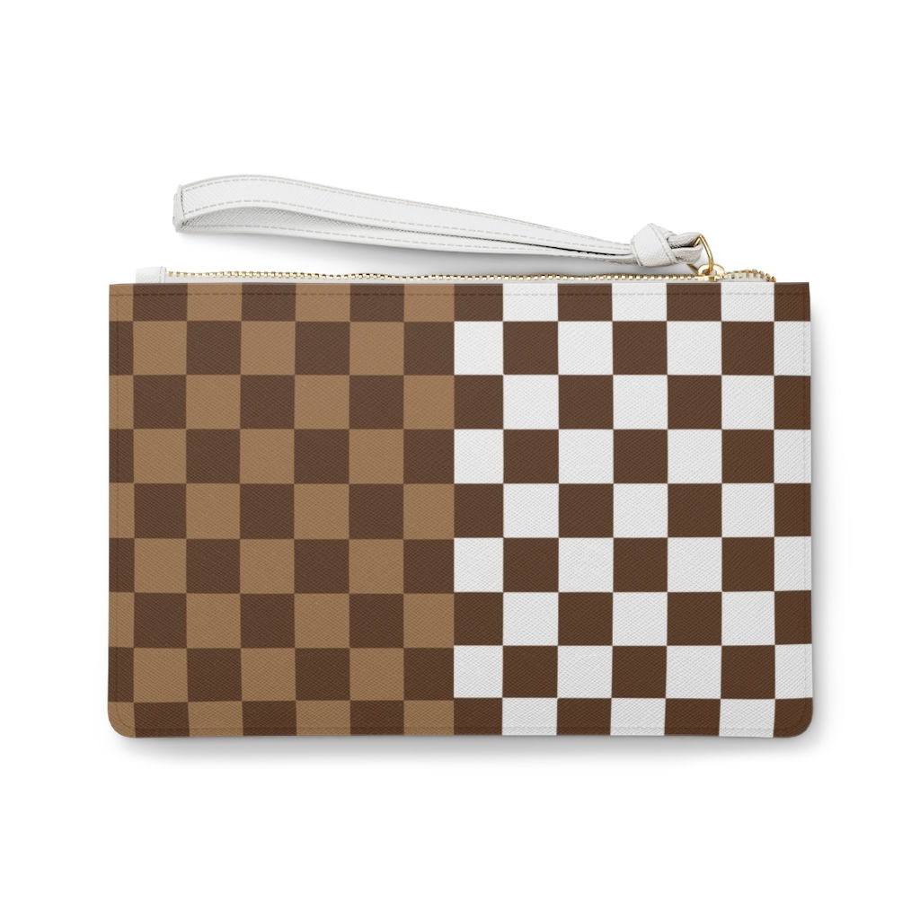 White Brown Checkered Vegan Leather Clutch Makeup Bag-Women Bag-Accessory Pouch