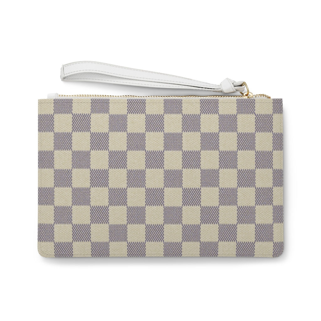 Cream Checkered Vegan Leather Clutch Makeup Bag-Women Bag-Accessory Pouch