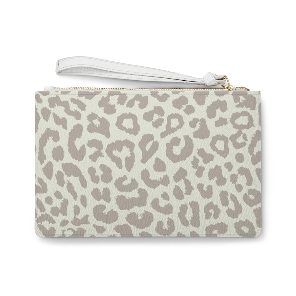 Beige Leopard Print Vegan Leather Clutch Makeup Bag-Women Bag-Animal Print