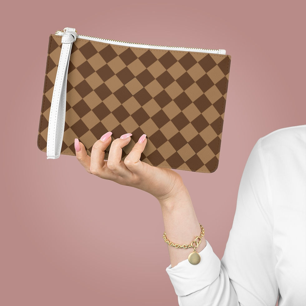 Thumbnail: Brown Checkered Diamond Shape Vegan Leather Clutch Cosmetic Bag-Women Bag