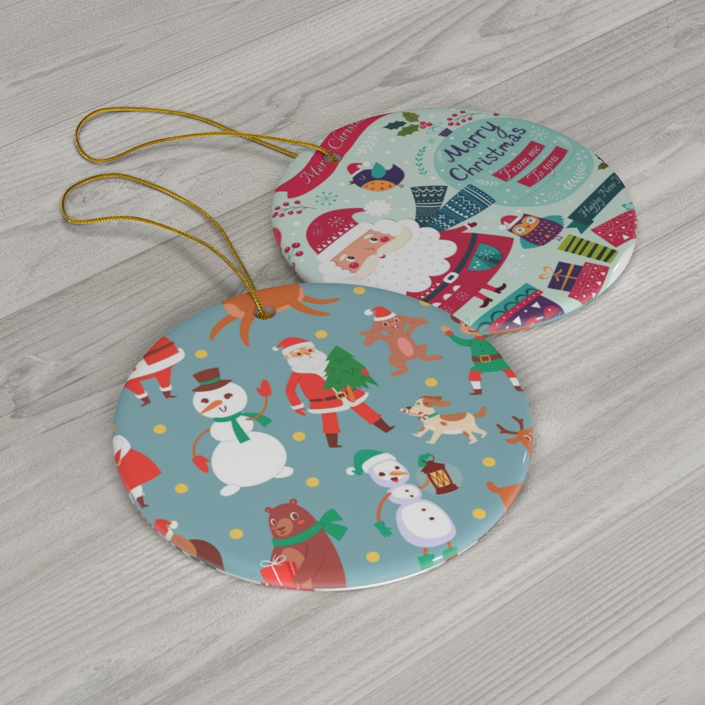 Santa Claus & Friends Two Sided Print Ceramic Ornament-Xmas Tree-Xmas Lights