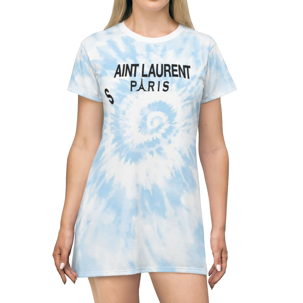 Blue & White Tie Dye T-Shirt Dress-Party Dress-Designer Inspired-Saint Laurent