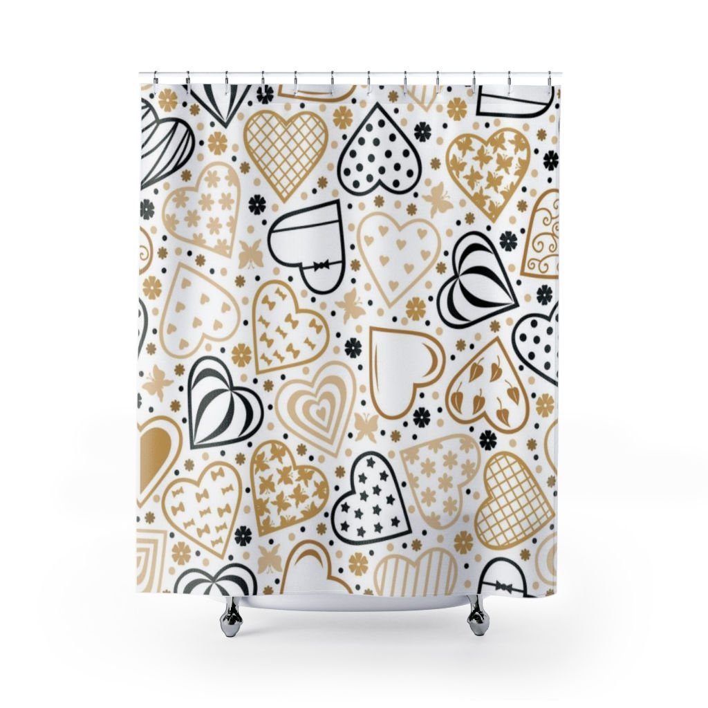 71" x 74" Brown,White & Black Hearts Shower Curtain-Bathroom Decor