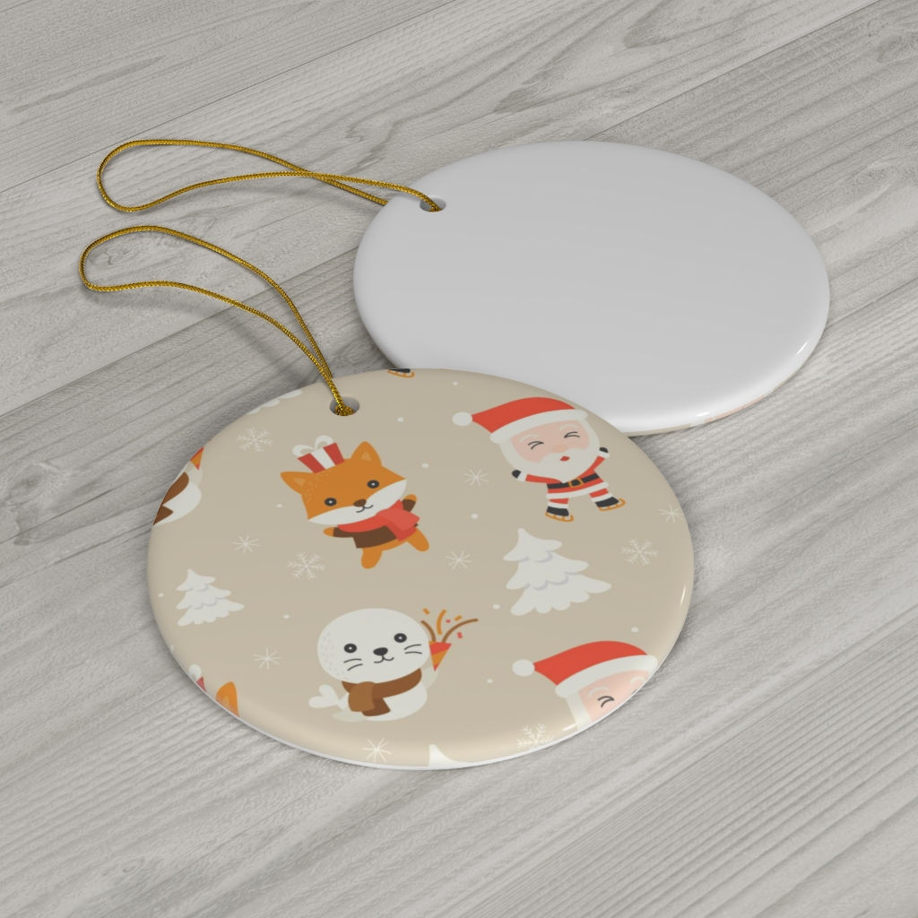 Santa Claus & Fox One Sided Print Ceramic Ornament-Xmas Light-Christmas Tree
