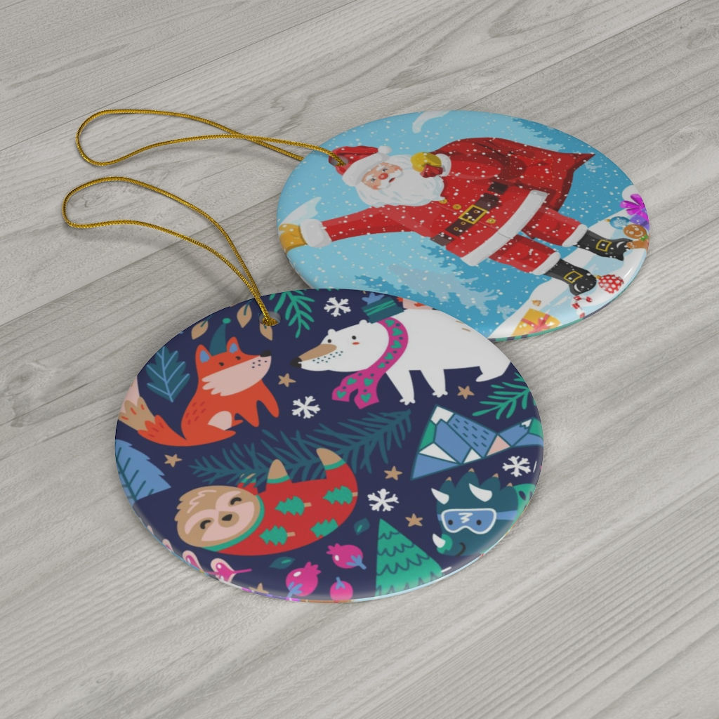 Polar Bear,Fox & Sloth Two Sided Print Ceramic Ornament-Santa Claus-Animal Lover