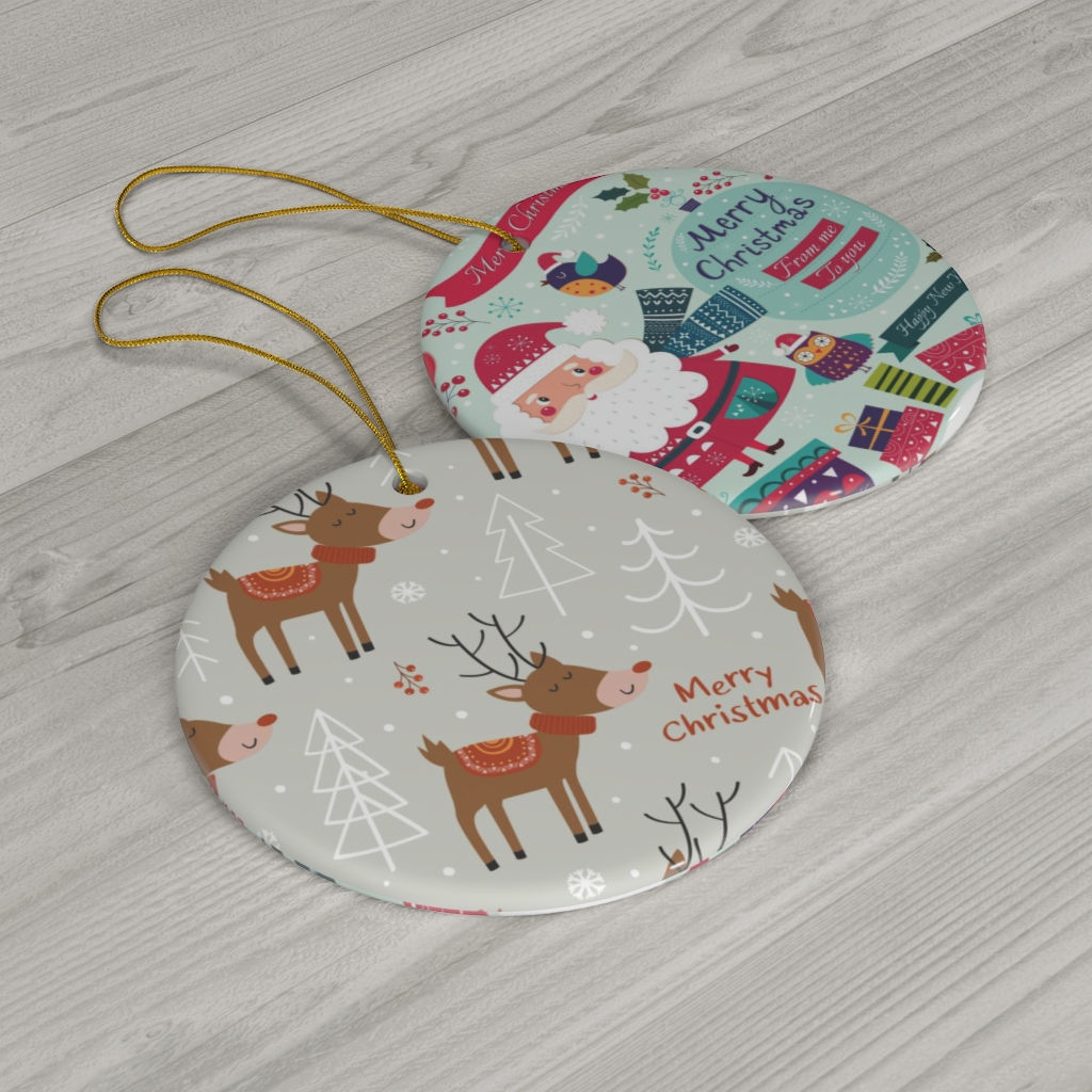 Santa Rain Deer's Two Sided Print Ceramic Ornament-Christmas Tree-Xmas Lights