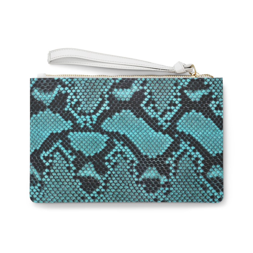 Blue Snakeskin Print Vegan Leather Clutch Makeup Cosmetic Bag-Animal Print