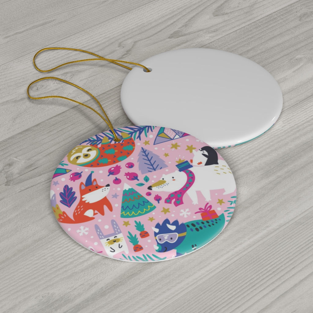 One Sided Print Ceramic Ornament-Bear-Bunny-Sloth-Christmas Light-Christmas Tree