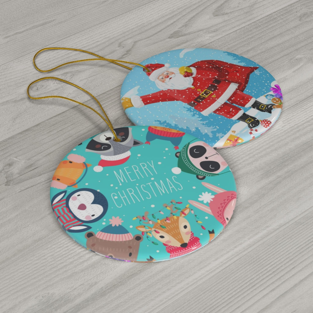 Wild Animals-Two Sided Print Ceramic Ornament-Santa Claus-Christmas Tree
