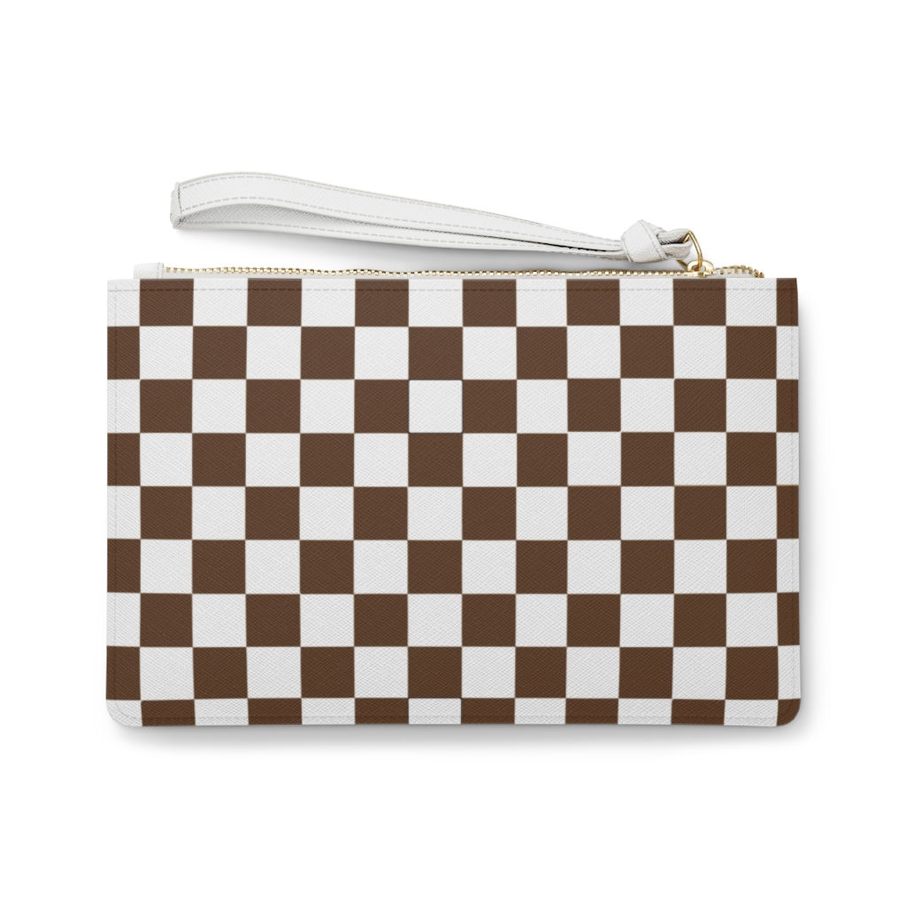 Brown White Checkered Vegan Leather Clutch Makeup Bag-Women Bag-Accessory Pouch
