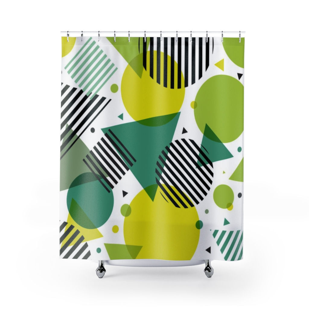 71" x 74" Green,Black & White Triangle Circle Geometric Shower Curtain-Décor