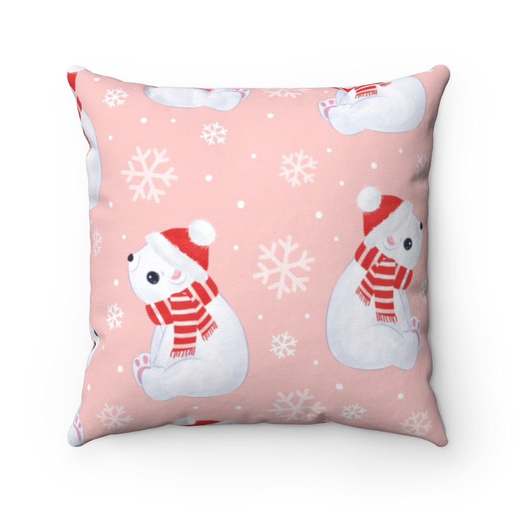 Pink-Polar Bear Christmas Spun Square Pillow-Living Room-Bedroom-Patio Pillow
