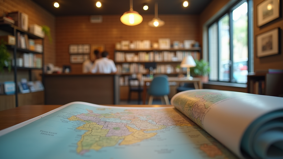 Eye-level view of a cozy travel agency office with brochures and maps