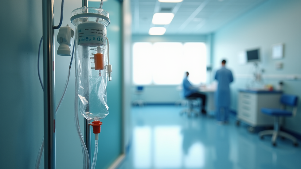 Eye-level view of a modern clinic treatment room with IV drip setup