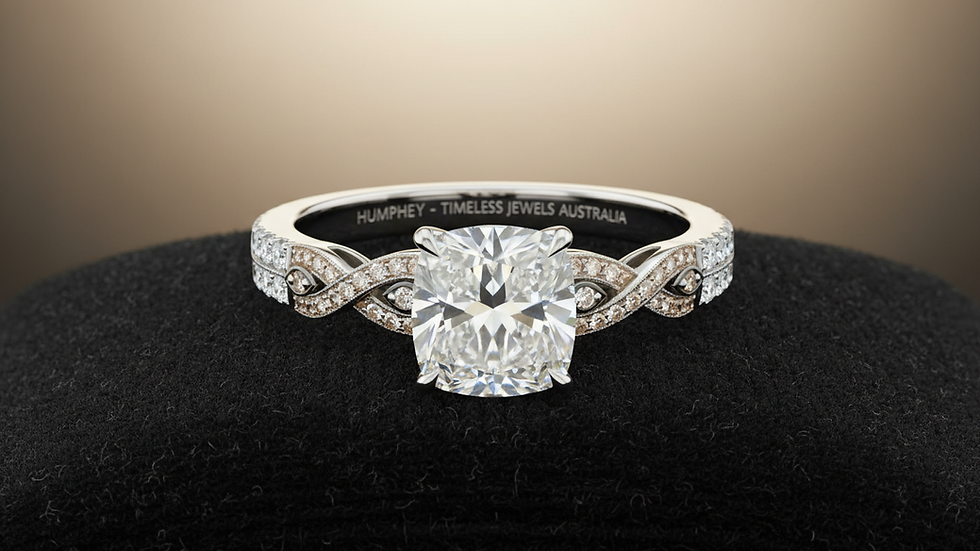 Close-up view of a classic diamond engagement ring with intricate band detailing